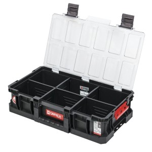 Schwarzer PROREGAL QBRICK Werkzeugkoffer mit transparentem Deckel und Fächern.
