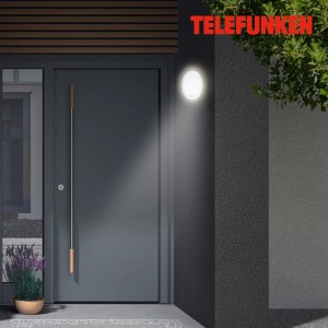 Weiße Telefunken LED-Außenleuchte Nizza mit Bewegungsmelder an einer Hauswand.