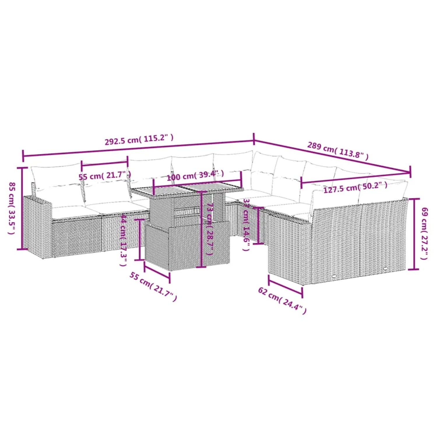 vidaXL Garten-Sofagarnitur, 11-teilig, schwarz, Poly Rattan mit Kissen. Gartenmöbel für Terrasse und Garten.