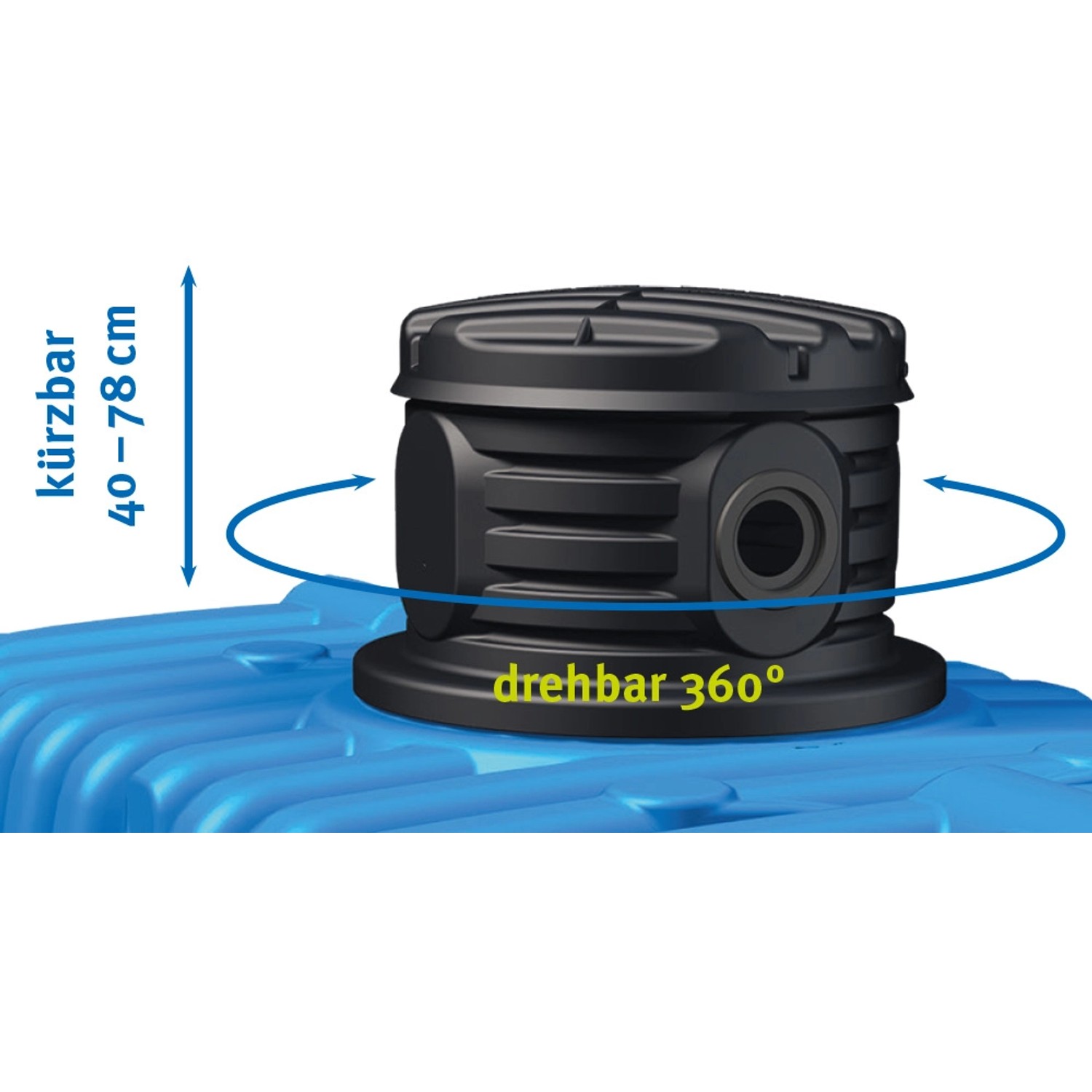 4rain Flachtank Flat S 4.500 l: Detailansicht des Tanks mit Schachtverlängerung, drehbar und kürzbar.