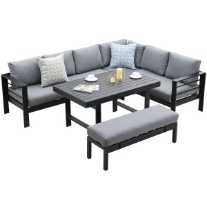 Schwarzes MeXo Aluminium Lounge-Set mit Esstisch und grauen Kissen für 8 Personen. Gartenmöbel.