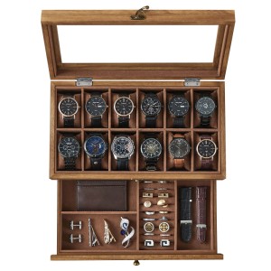Songmics Uhrenbox aus Paulownia-Holz in Walnuss-Optik für 12 Uhren und Schmuck.