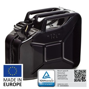 Schwarzer 10L Metall Kraftstoffkanister, TÜV-geprüft, ideal für Benzin, Diesel & E10.