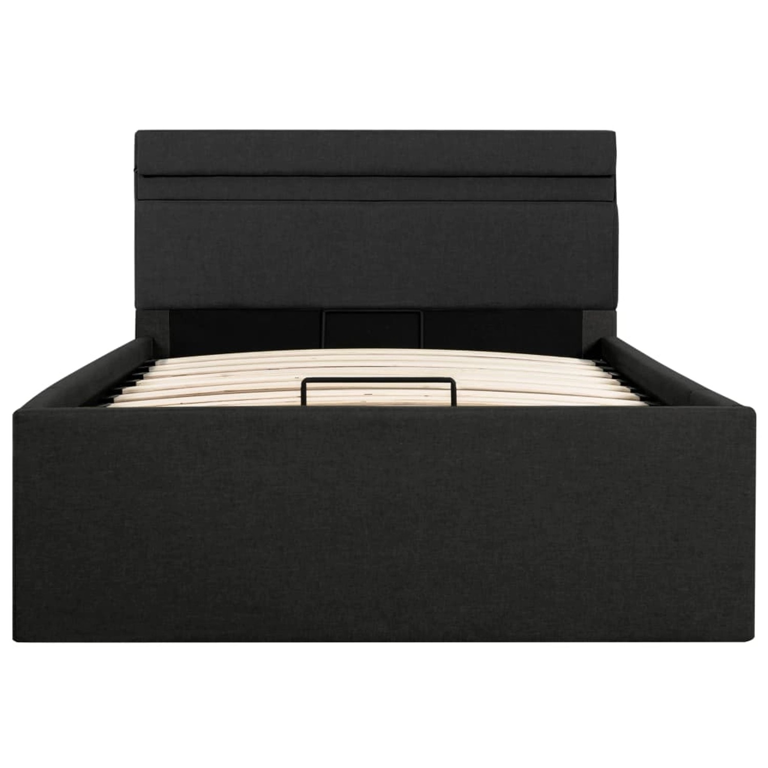 Dunkelgraues Stoffbett 90x200 cm mit Bettkasten, Lattenrost sichtbar.