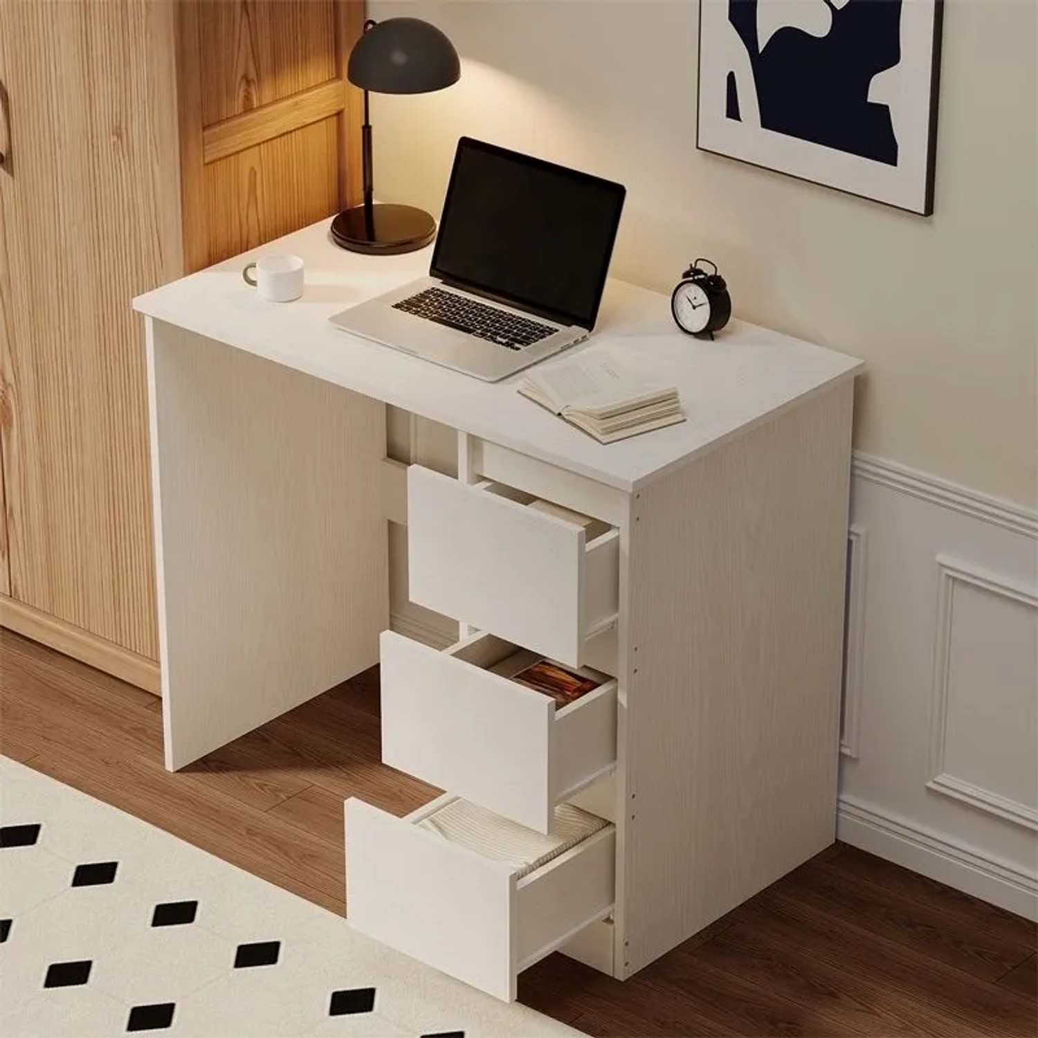 Weißer Rebiko Computertisch im Loft-Stil mit Schubladen, ideal für Jugendzimmer und Homeoffice.