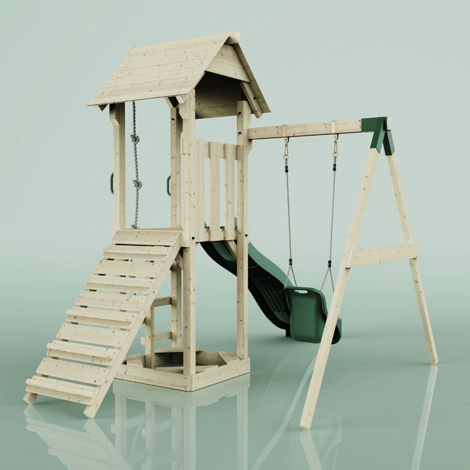 PolarPlay Spielturm Göteborg mit Babyschaukel und Rutsche, aus unbehandeltem Holz.