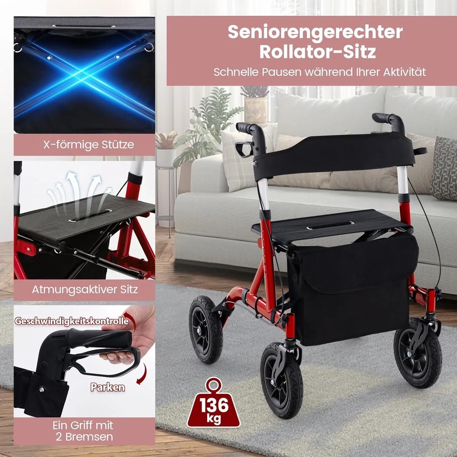 Costway Rollator mit Luftbereifung Faltbar mit Sitz Bis 136 kg Rot_5