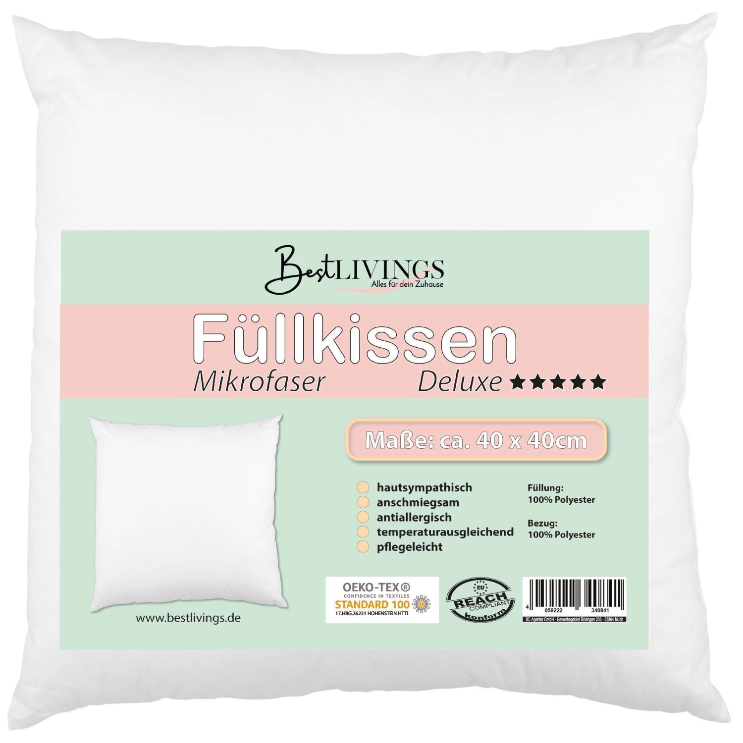 Bestlivings Füllkissen, 40x40 cm, Mikrofaserbezug, Polyesterfüllung, weiß. Ideal für Sofa und Bett.
