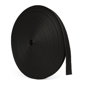 Aufgerollter, schwarzer Bauheld Rollladengurt (23mm, 50m) für Rollladensteuerung.