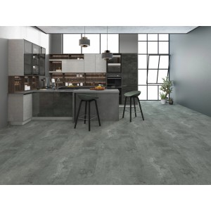 Verlegter Decoflooring Click-Vinylboden Garda in Fliesenoptik, grau, in moderner Küche.