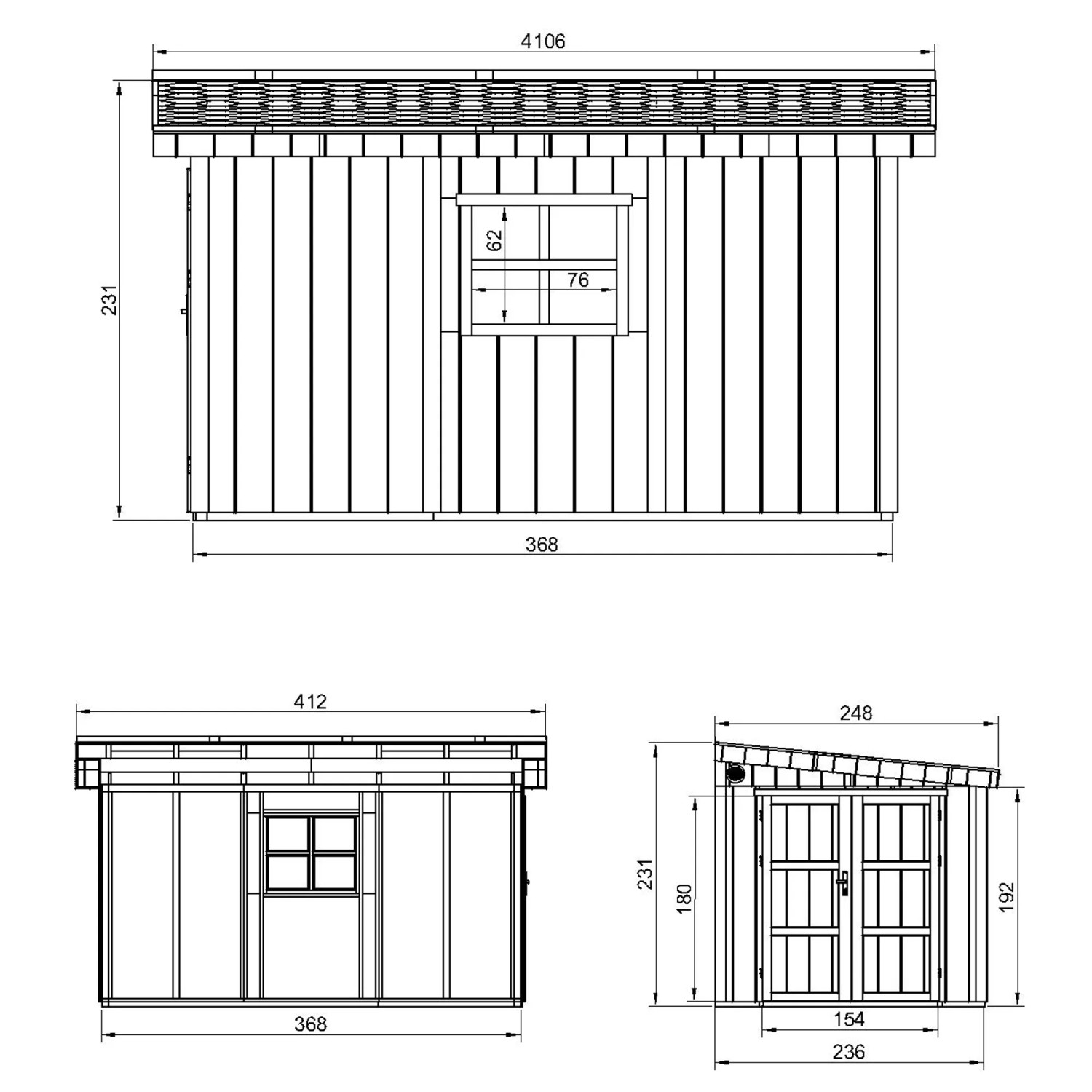 Technische Zeichnung: Timbela Premium Gartenschuppen M939B, Holz-Gartenhaus mit Fenster und Doppeltür.