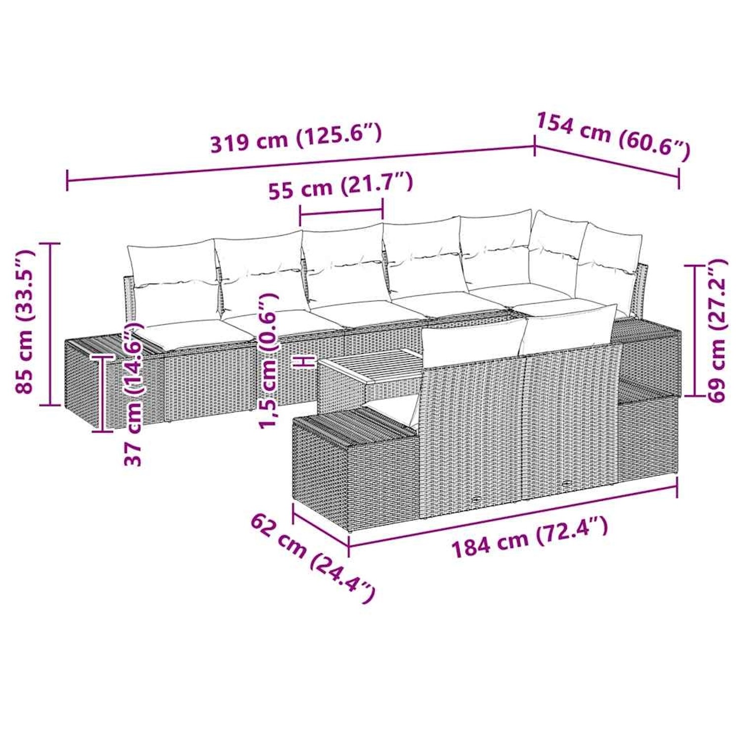 vidaXL Garten-Sofa-Set 9-tlg. Schwarz Poly Rattan mit Maßen für Planung.