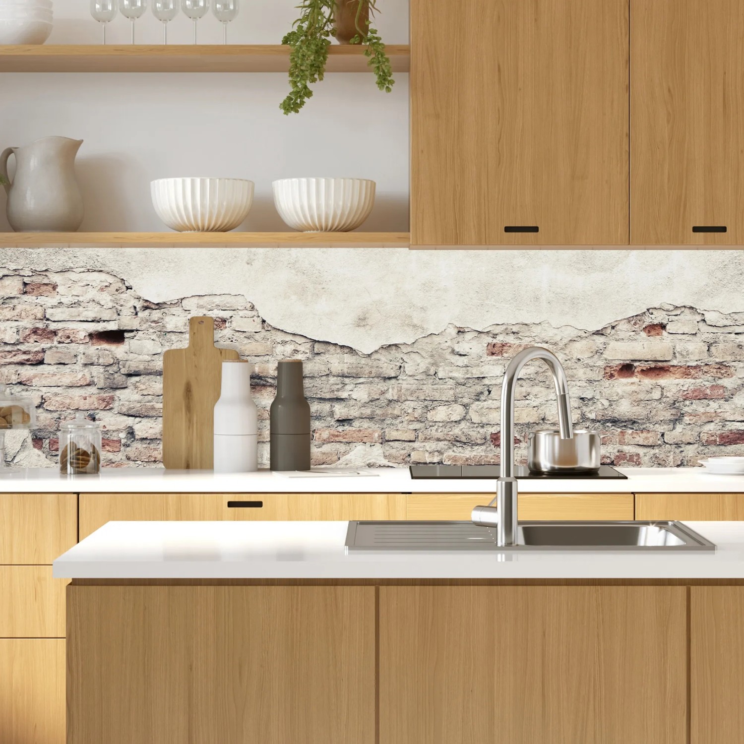MySpotti Küchenrückwand Profix Cucina Vintage Wall Ziegel, 100x60 cm, in moderner Küche.