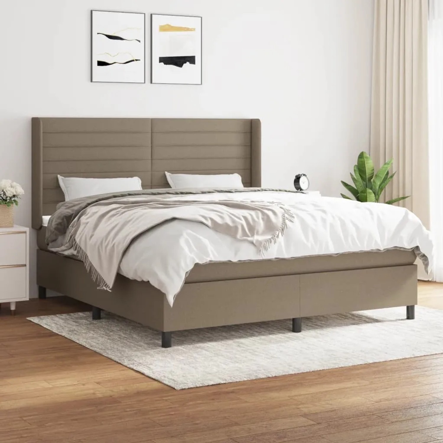 Boxspringbett Taupe (180x200 cm) mit Matratze und Kopfteil. Stoffbezug.