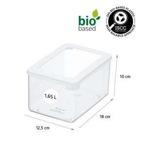 Transparenter SmartStore Vorratsbehälter Vision 1,65 l mit weißem Deckel und Maßangaben.