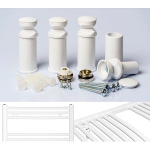 Weißes Anapont Halterungs-Set für Badheizkörper und Handtuchheizkörper. Enthält Halterungen, Schrauben, Dübel. Detailansicht der Montage.