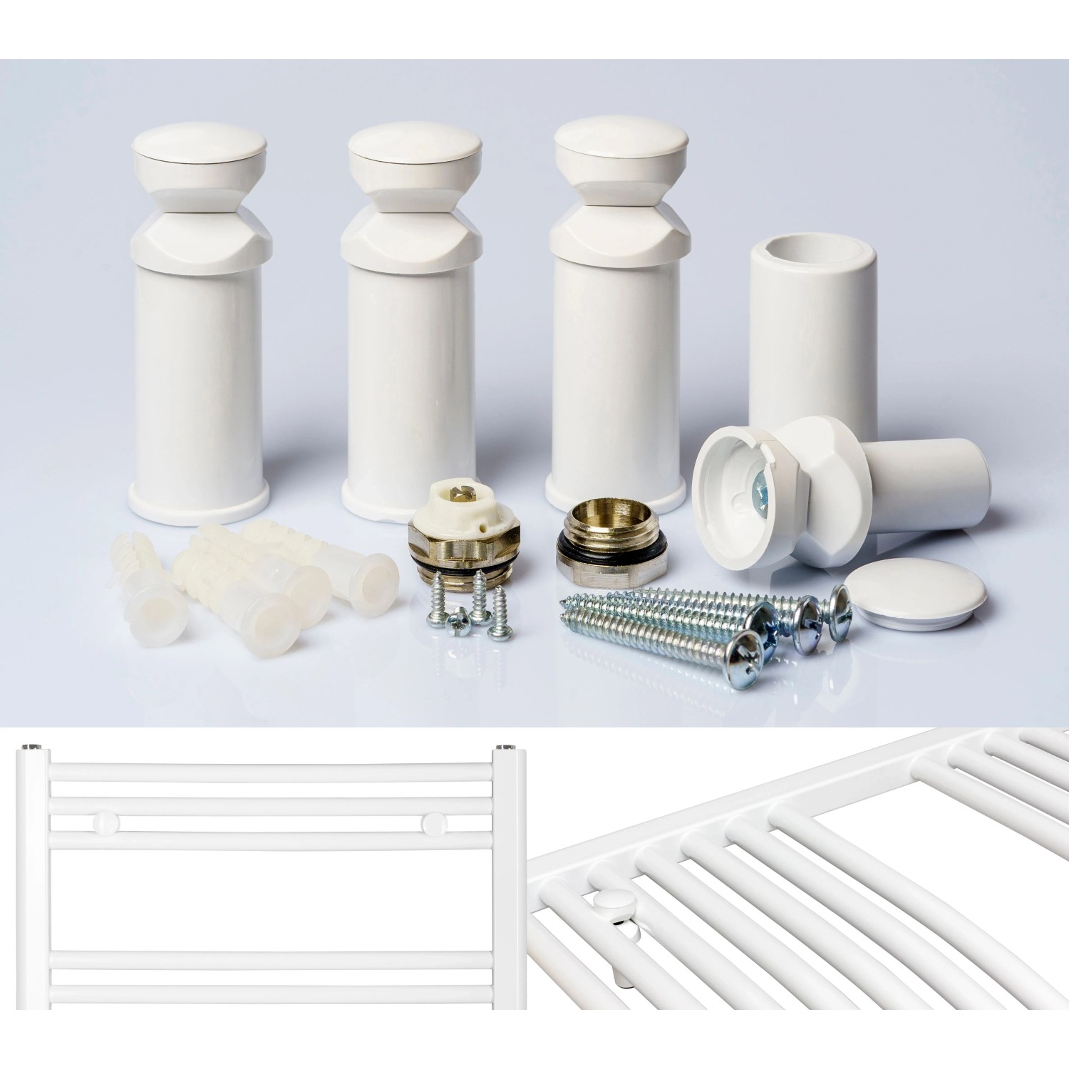 Weißes Anapont Halterungs-Set für Badheizkörper und Handtuchheizkörper. Enthält Halterungen, Schrauben, Dübel. Detailansicht der Montage.