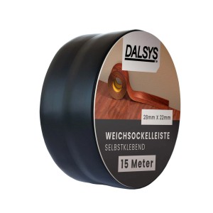 Dalsys Weichsockelleiste, selbstklebend, 15m, Schwarz. Flexible Fußbodenleiste auf Rolle.