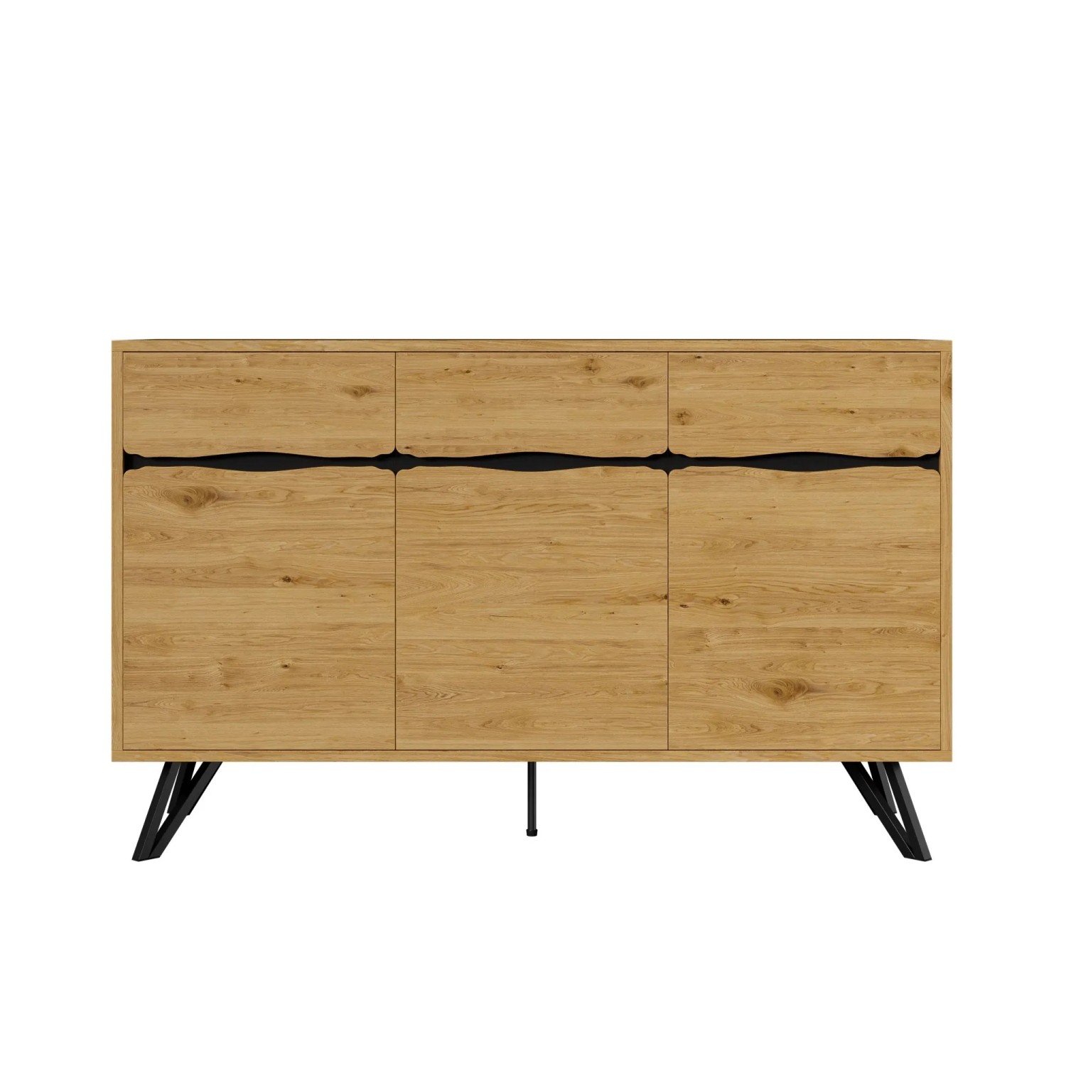 PXloue Sideboard Kommode mit 3 Türen Holzoptik und Schwarzen Metallbeinen für Wohnzimmer