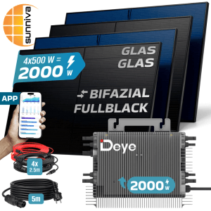 SUNNIVA Balkonkraftwerk 2000W mit 4 Solarmodulen, Wechselrichter und Kabeln.