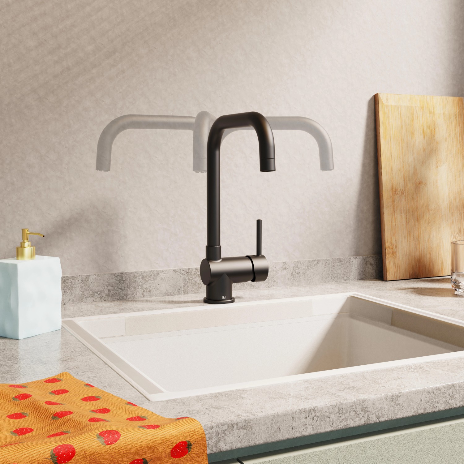 Eisl Spültischarmatur Futura Niederdruck, schwarz matt, vor Spüle mit Handtuch.