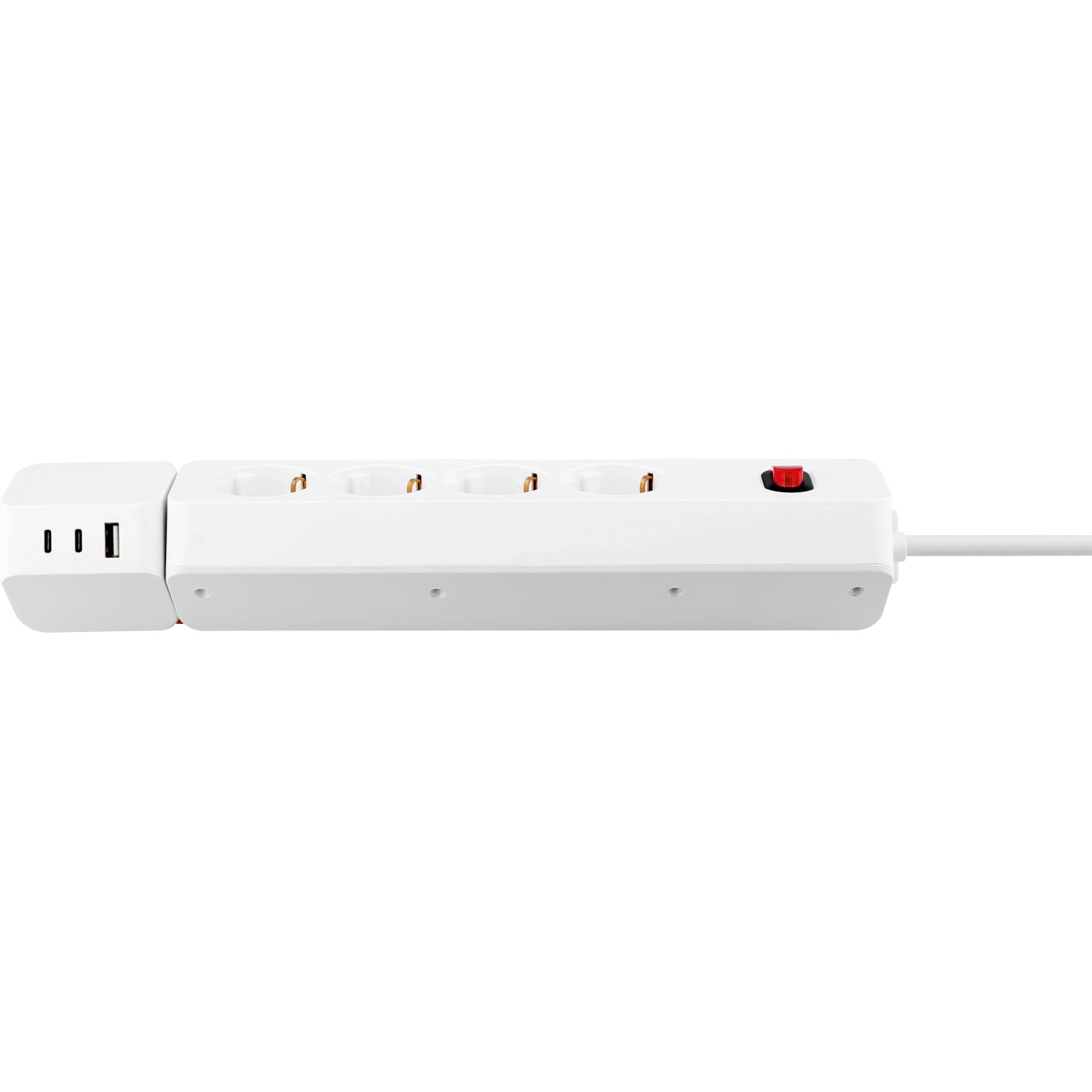 Weiße 4-fach Steckdosenleiste mit USB-A und USB-C Anschlüssen, 1,4 m Kabel und Schalter.
