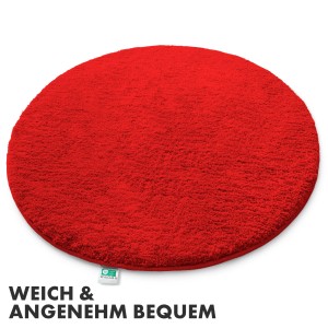 Rote, runde KARAT Badematte SKY, flauschiger Badteppich mit 95 cm Durchmesser.