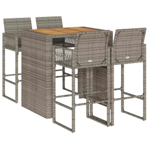 Graues 5-tlg. Gartenbar-Set aus Rattan und Akazie. Bartisch mit 4 Barhockern für Terrasse und Garten.