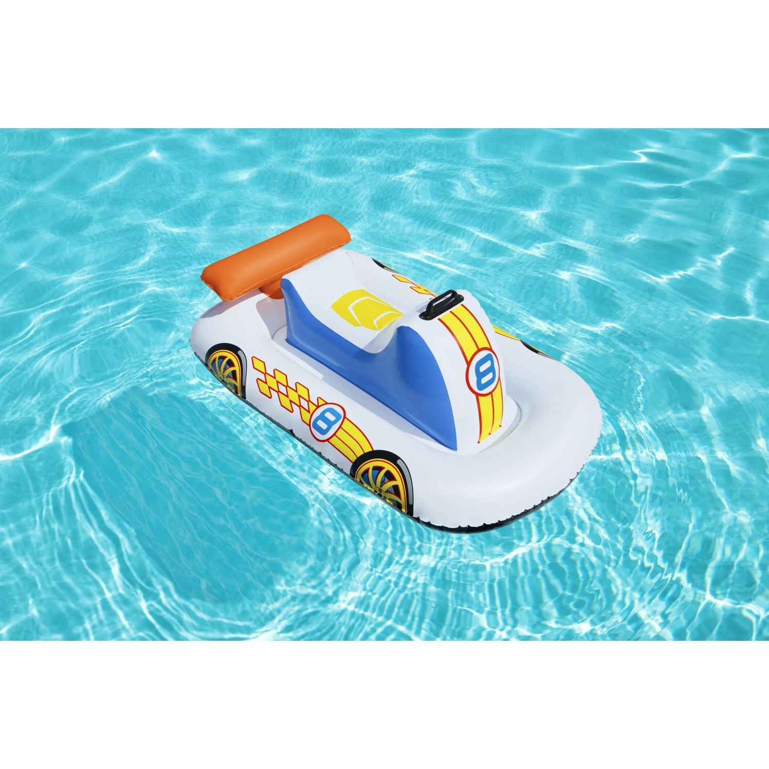 Bestway Poolschwimmer Rennauto im Wasser, buntes aufblasbares Schwimmtier für Kinder.