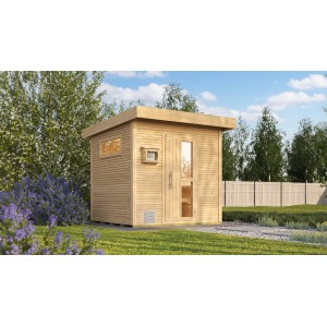 Weka Design Saunahaus Kuopio mit Technikpaket 1, Außenansicht im Garten.