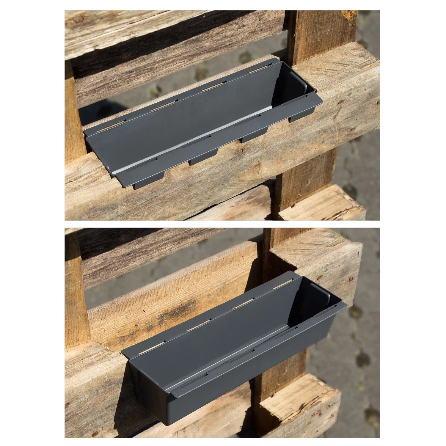 Anthrazitfarbener Pflanzkasten (37cm) mit Hängesystem, passend für Europaletten. Ideal für Balkon & Garten.