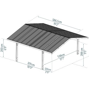 Abbildung des schwarzen Palram Canopia Carport Sydney Apex (586x538cm) mit Maßangaben.