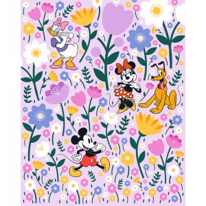 Bunte Vlies Fototapete mit Mickey, Minnie, Donald Duck und Pluto im botanischen Frühlingsdesign.