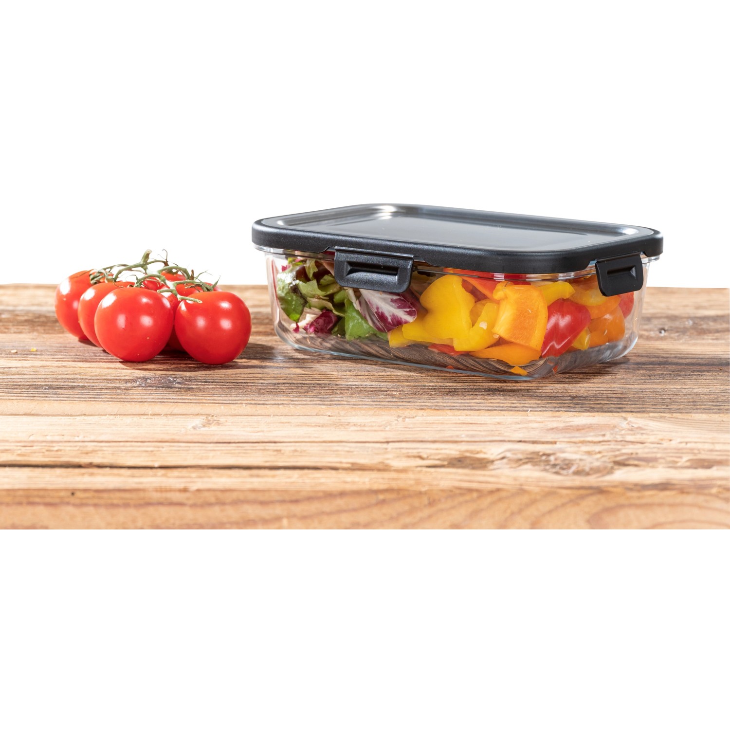 Wenko Glas Frischhaltedose Steel Black Outdoor Kitchen 1 l mit Salat und Tomaten.