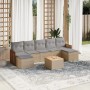 Beige 8-tlg. vidaXL Garten-Sofagarnitur aus Rattan mit hellgrauen Kissen.
