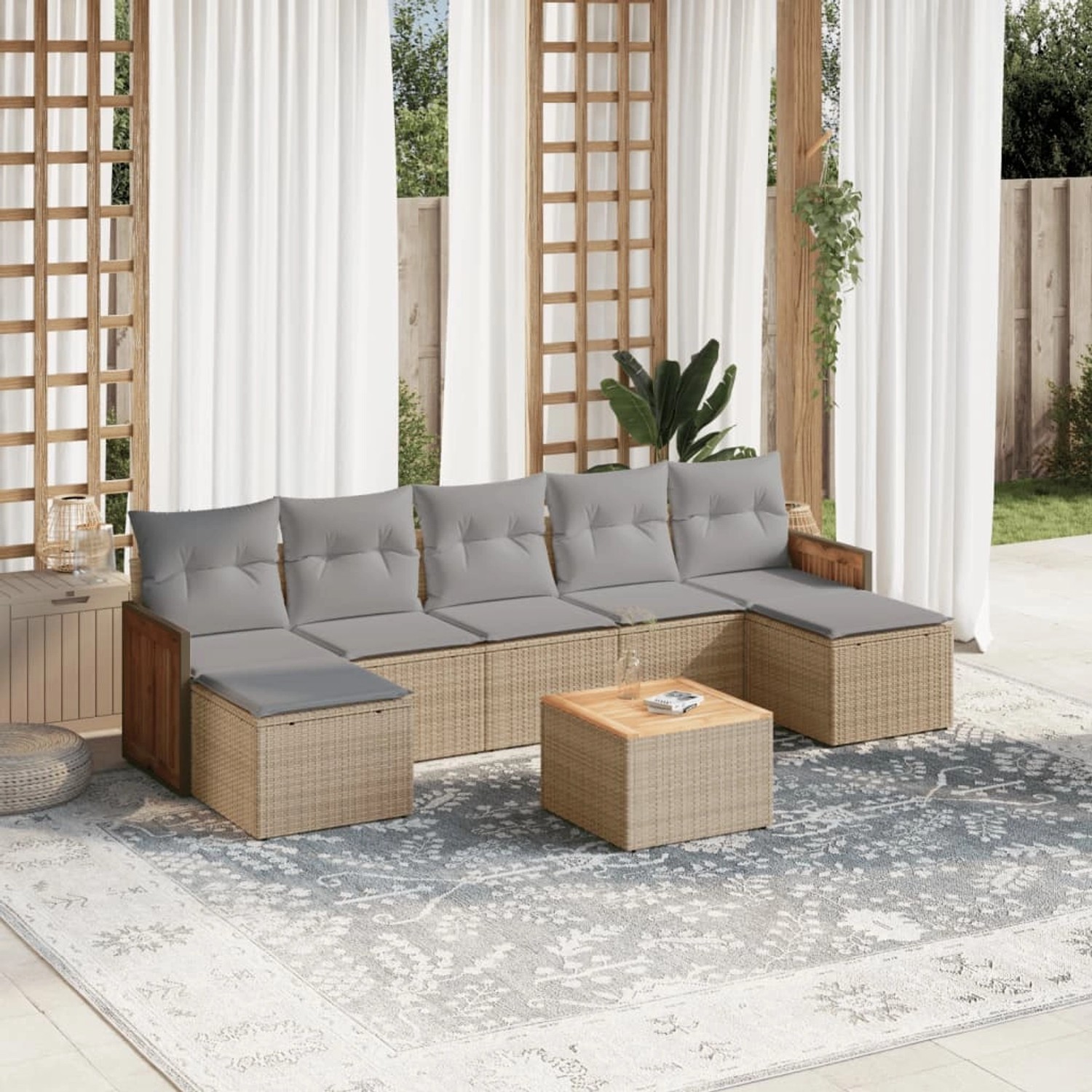 Beige 8-tlg. vidaXL Garten-Sofagarnitur aus Rattan mit hellgrauen Kissen.