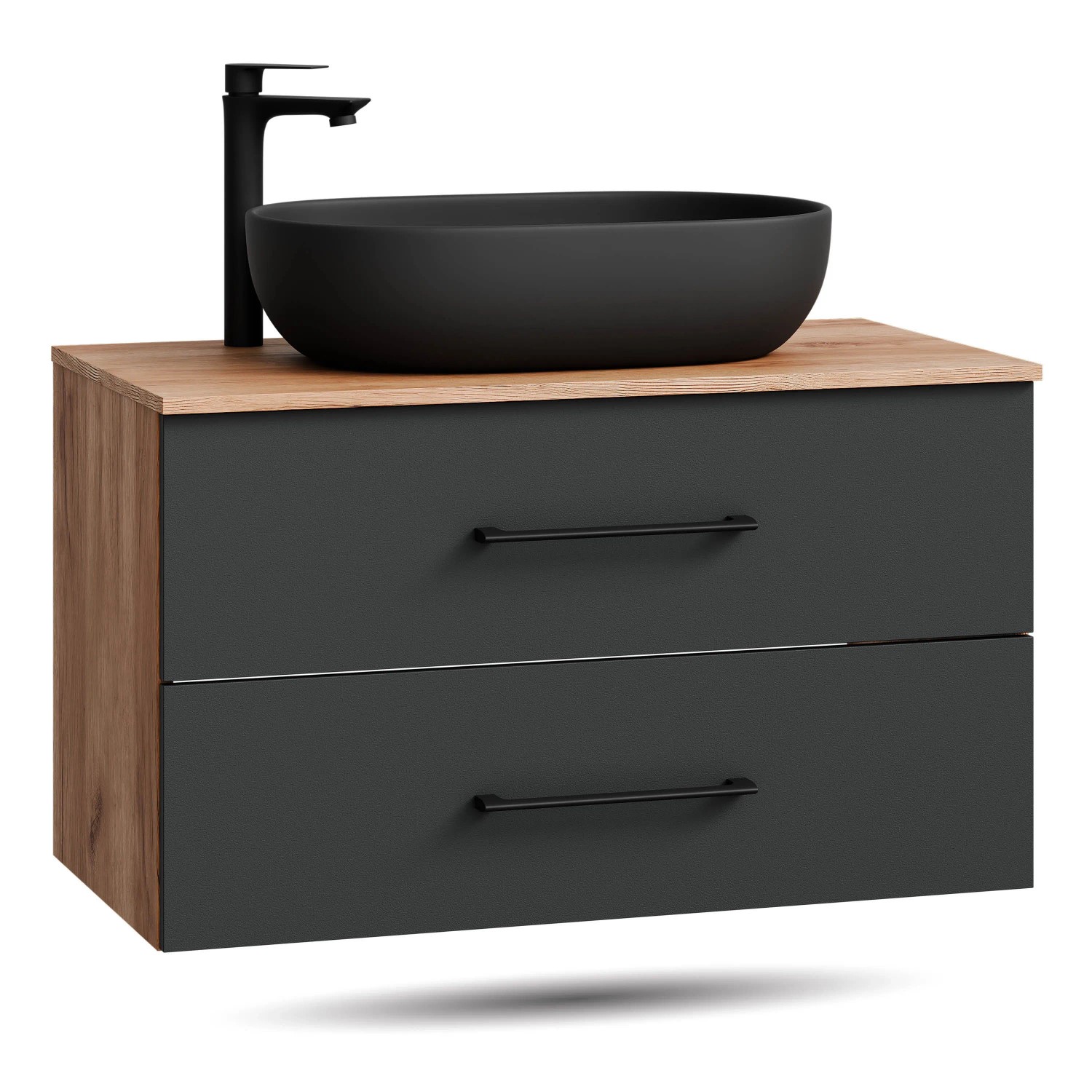 Planetmöbel LUX Waschtischunterschrank 90 cm mit Aufsatzwaschbecken 60 cm Schwarz Soft Close