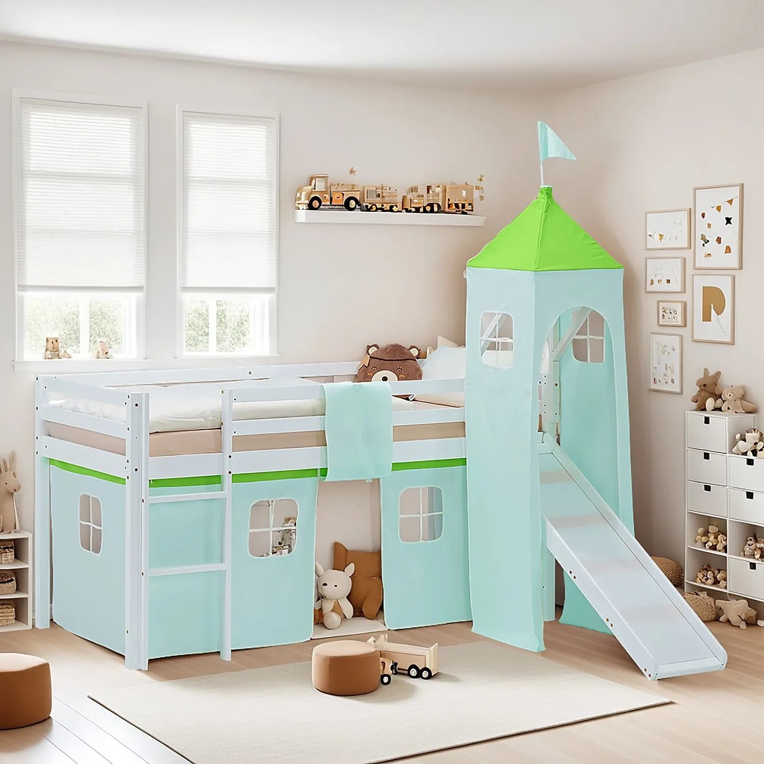 Homestyle4u Kinder Hochbett 90x200 Rutsche Lattenrost Grün Kinderbett 2975