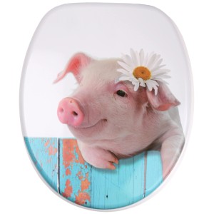 Sanilo WC-Sitz mit Schwein-Motiv und Absenkautomatik aus Holz.