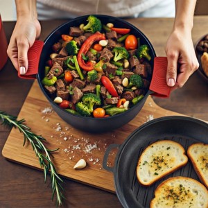 Wiltec 2in1 Gusseisen Dutch Oven mit Eintopf, gehalten mit roten Griffhüllen. Daneben Grillpfanne mit Brot. Vielseitiges Grillzubehör.