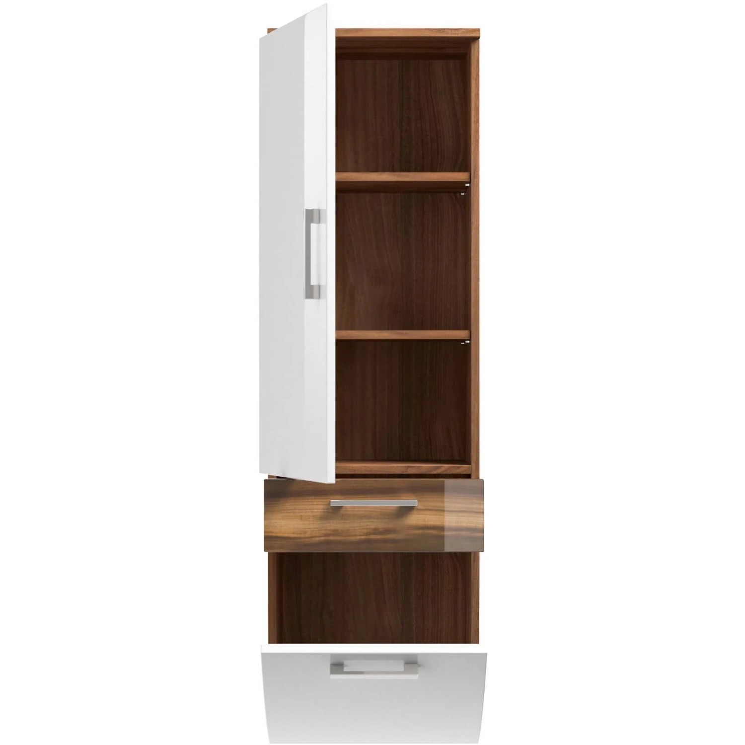 Posseik Bad-Hochschrank Rima, Walnuss/Weiß, 40 cm breit, mit offener Tür und Schubladen.