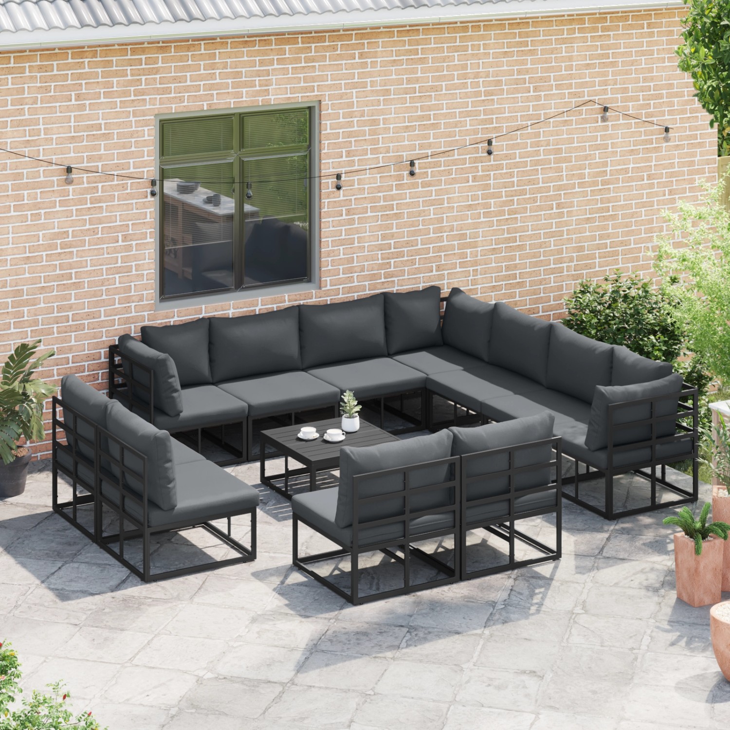 vidaXL Garten-Sofa-Set, 12-teilig, schwarz, Aluminium. Modulares Lounge-Set mit Tisch und Kissen für Terrasse und Garten.