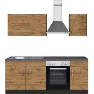 Küchenzeile Sorrento 210 cm in Wotaneiche-Grafit mit Spüle, Herd und Dunstabzugshaube.