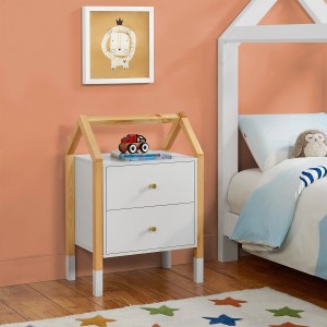 Juskys Kinder Nachttisch Enny mit 2 Schubladen in Weiß und Naturholz. Hausförmiges Design.