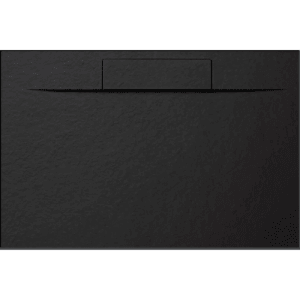 Schwarze Frascio Duschwanne 75x105 cm aus Harz/Marmor mit Steinoptik und Abdeckung.