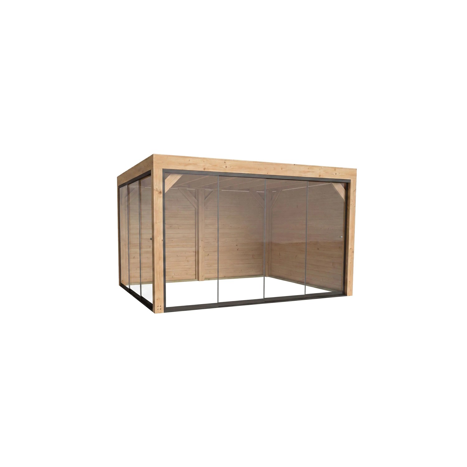 weka Gartenlaube Lumley aus Fichte mit Flachdach, 2 Glasschiebetüren und 2 Holzwänden. Moderne Terrassenüberdachung.