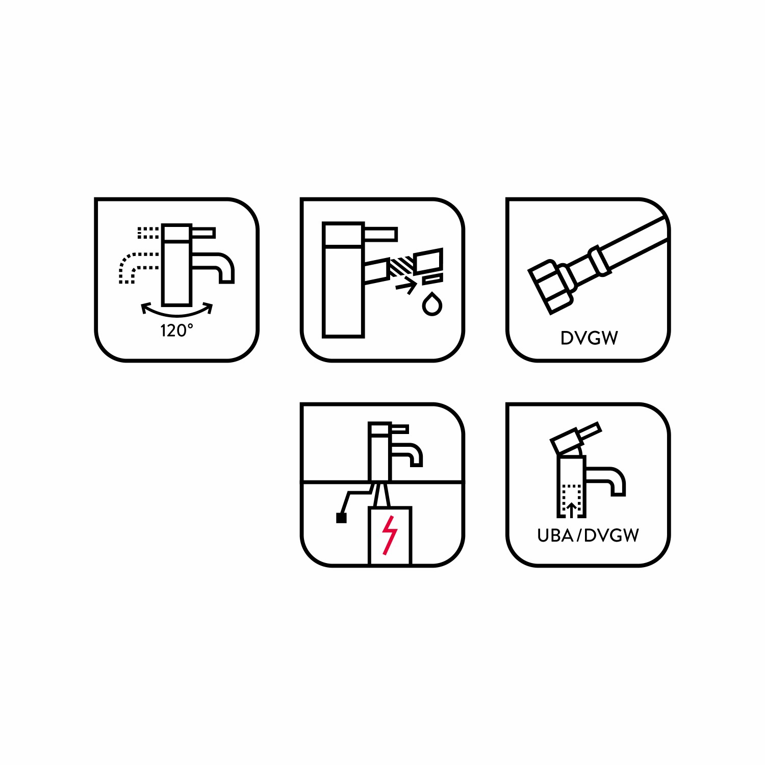 Icons zur baliv Niederdruck-Küchenarmatur KI-1050 N Chrom: Schwenkbereich, Brause, Anschlüsse, Zertifizierungen.