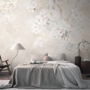 Fototapete Blumen beige/creme-weiß/grau/weiß im Schlafzimmer. Florales Muster, Used-Look, Betonoptik.