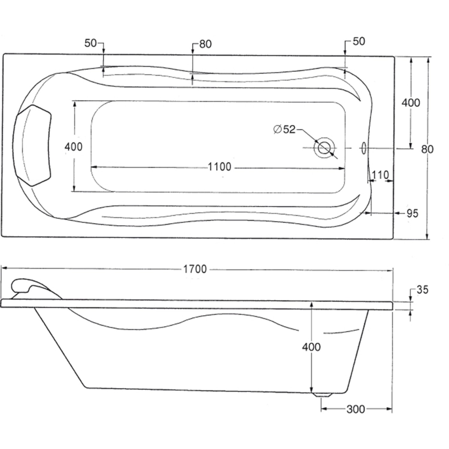 Technische Zeichnung Ottofond Körperform-Badewanne Jamaica, 170 cm, weiße Rechteck-Badewanne mit Maßen.