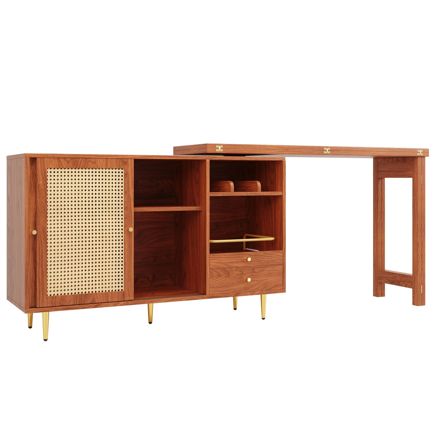 okwish Stehtisch mit Rattantür Erweiterbar Stauraum Regal Küche 107x40x71cm Braun